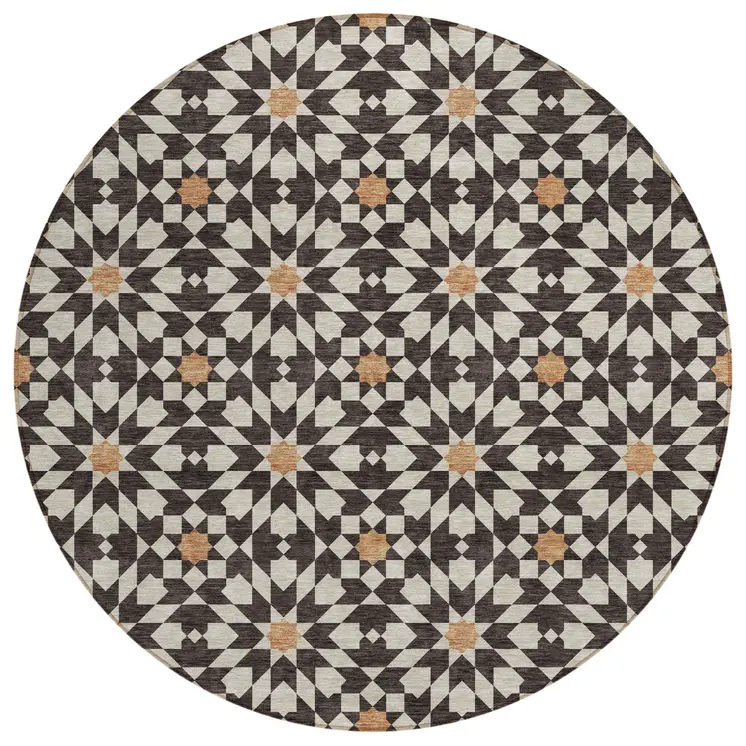 8' Charcoal Silver And Copper Round Floral Medallion Washable Indoor Outdoor Area Rug