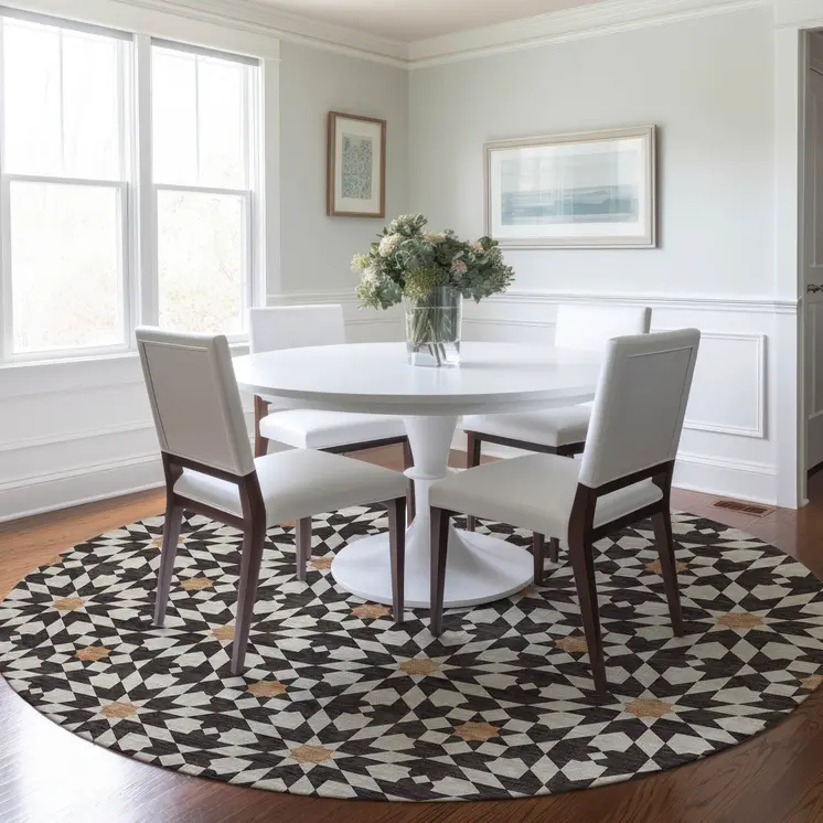 8' Charcoal Silver And Copper Round Floral Medallion Washable Indoor Outdoor Area Rug