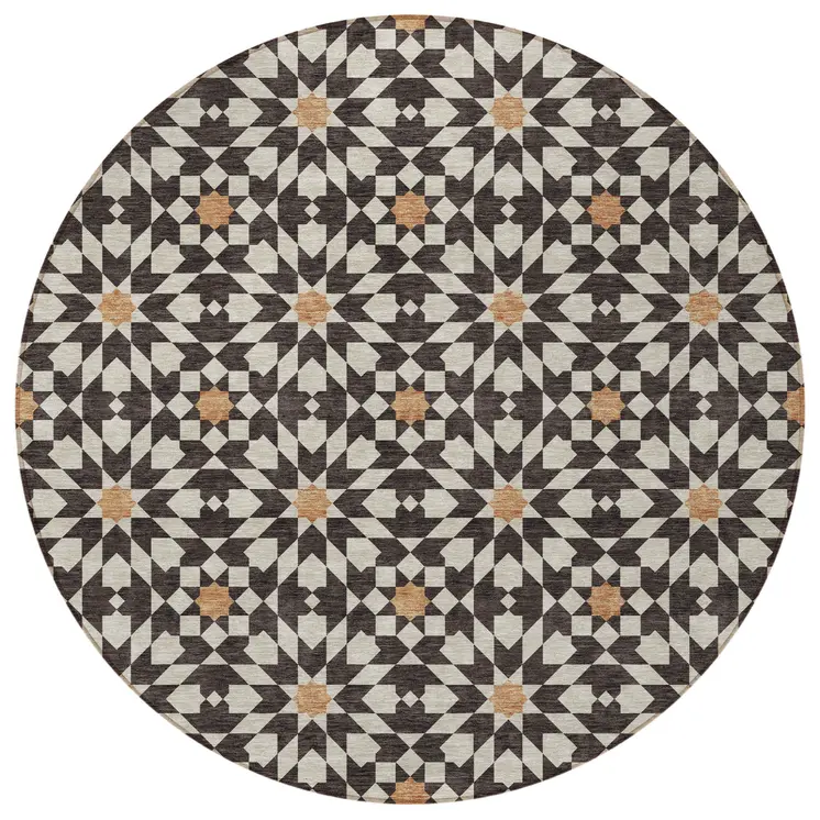 8' Charcoal Silver And Copper Round Floral Medallion Washable Indoor Outdoor Area Rug