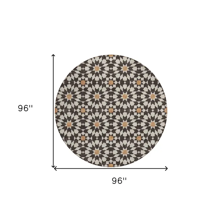8' Charcoal Silver And Copper Round Floral Medallion Washable Indoor Outdoor Area Rug