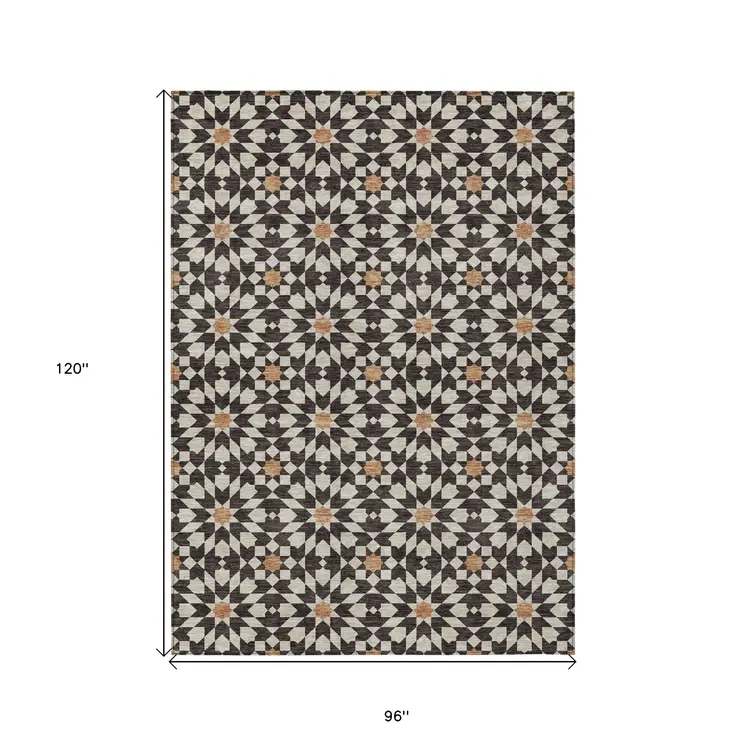 8' X 10' Charcoal Silver And Copper Floral Medallion Washable Indoor Outdoor Area Rug