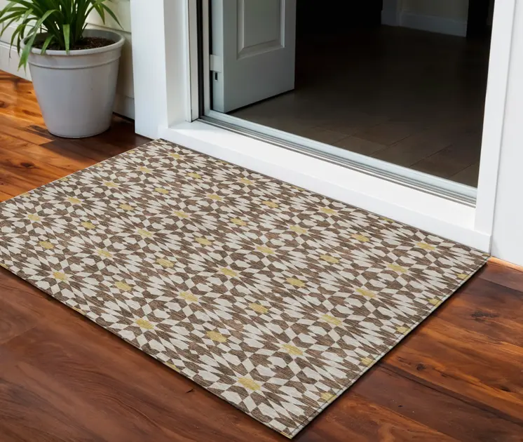 3' X 5' Chocolate Ivory And Gold Floral Medallion Washable Indoor Outdoor Area Rug