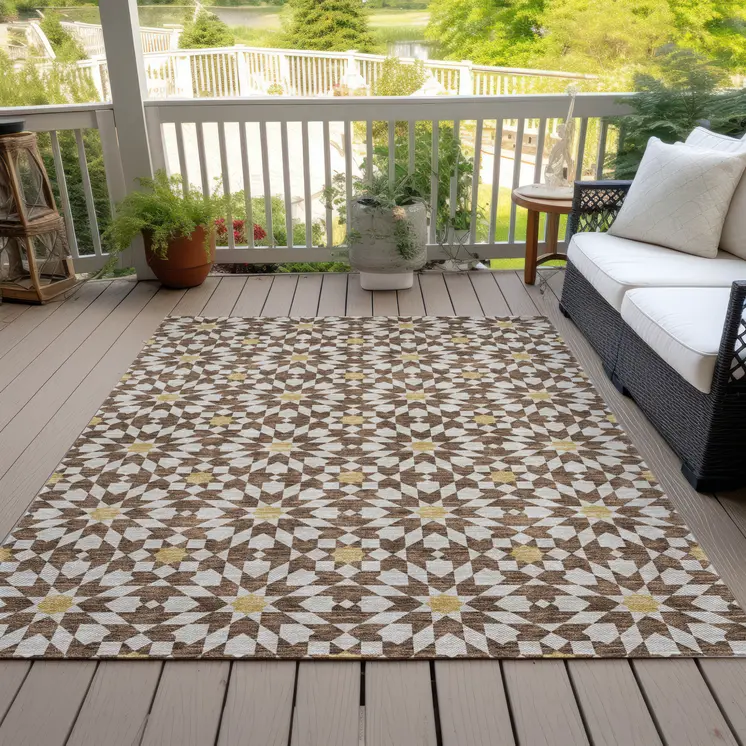 3' X 5' Chocolate Ivory And Gold Floral Medallion Washable Indoor Outdoor Area Rug