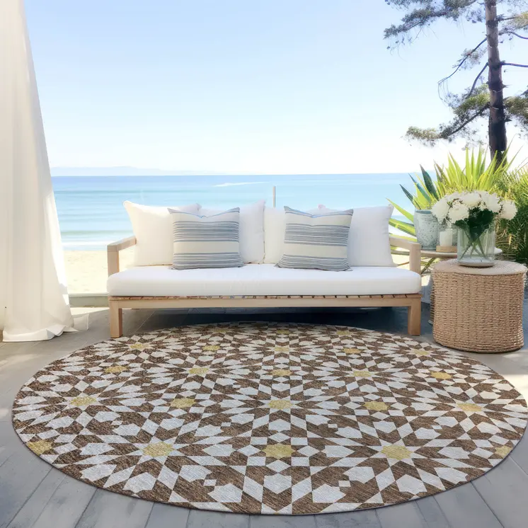 8' Chocolate Ivory And Gold Round Floral Medallion Washable Indoor Outdoor Area Rug