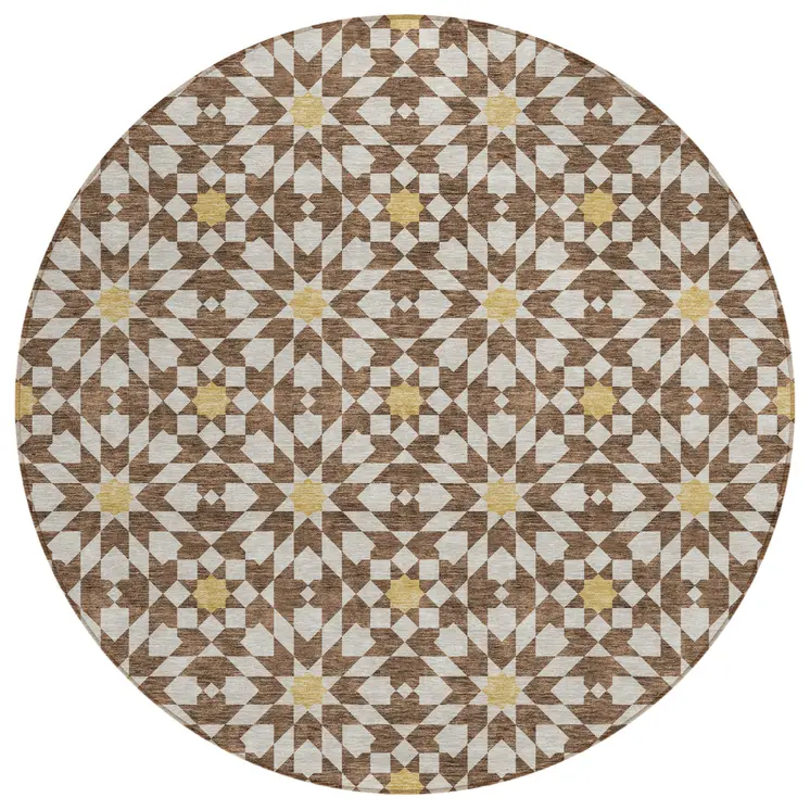 8' Chocolate Ivory And Gold Round Floral Medallion Washable Indoor Outdoor Area Rug