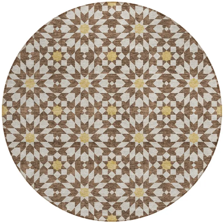 8' Chocolate Ivory And Gold Round Floral Medallion Washable Indoor Outdoor Area Rug