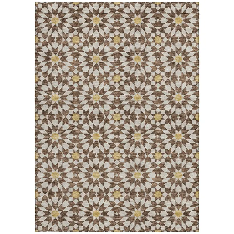 8' X 10' Chocolate Ivory And Gold Floral Medallion Washable Indoor Outdoor Area Rug
