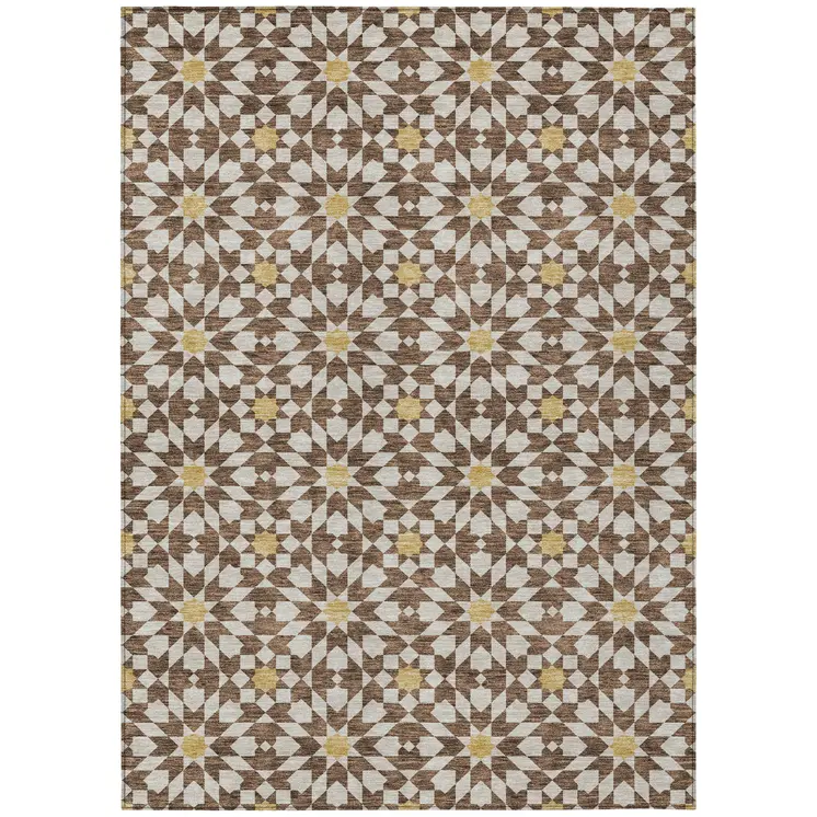 10' X 14' Chocolate Ivory And Gold Floral Medallion Washable Indoor Outdoor Area Rug