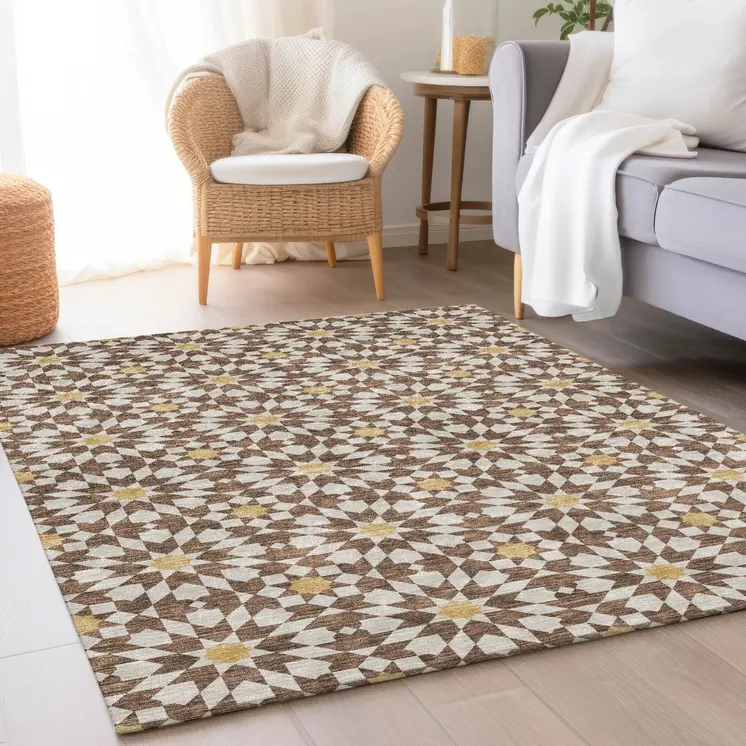 10' X 14' Chocolate Ivory And Gold Floral Medallion Washable Indoor Outdoor Area Rug
