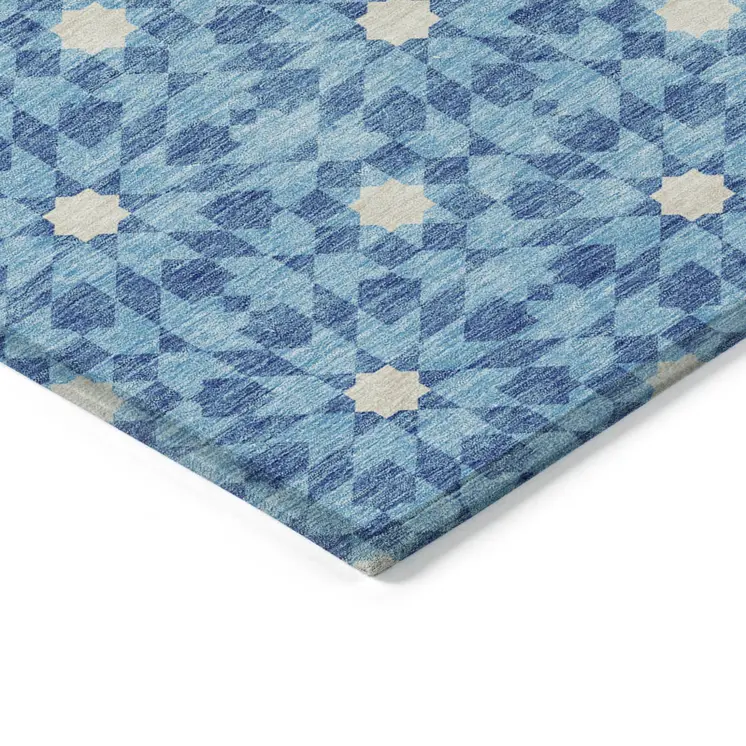 3' X 5' Denim Blue And Ivory Floral Medallion Washable Indoor Outdoor Area Rug