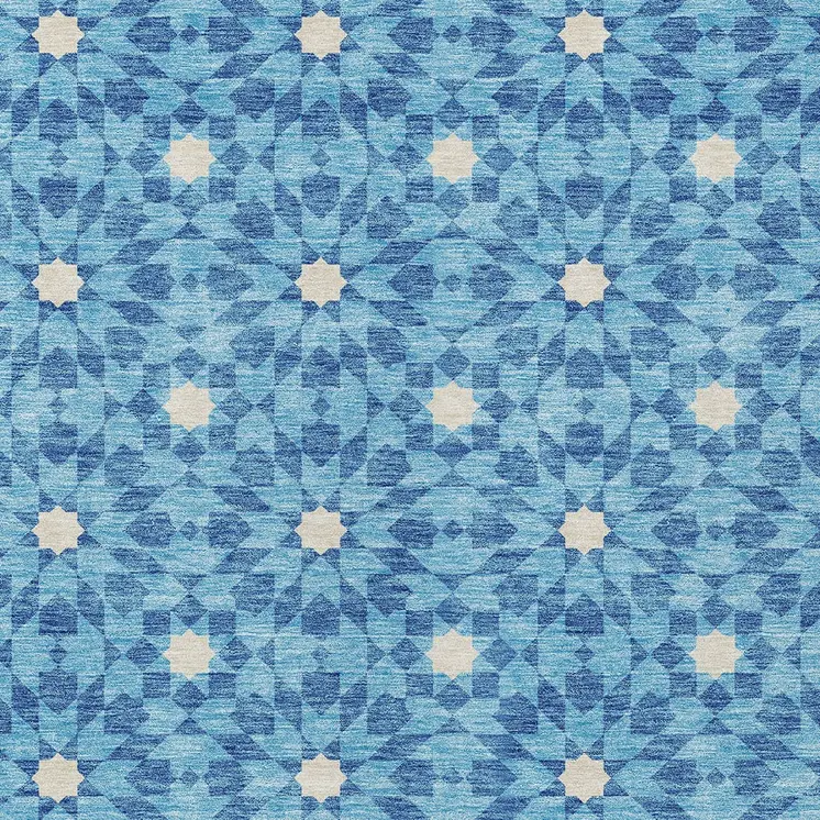 3' X 5' Denim Blue And Ivory Floral Medallion Washable Indoor Outdoor Area Rug