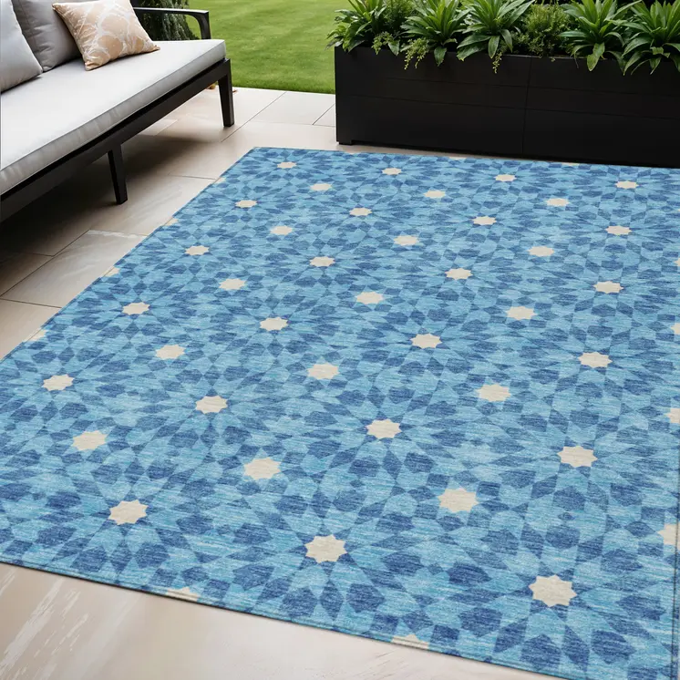 5' X 8' Denim Blue And Ivory Floral Medallion Washable Indoor Outdoor Area Rug