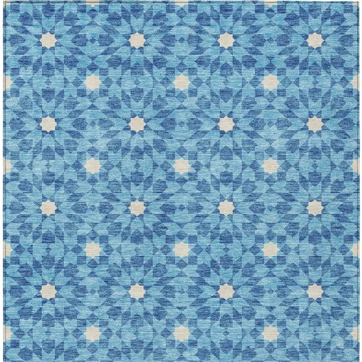 8' X 10' Denim Blue And Ivory Floral Medallion Washable Indoor Outdoor Area Rug