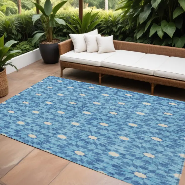 8' X 10' Denim Blue And Ivory Floral Medallion Washable Indoor Outdoor Area Rug