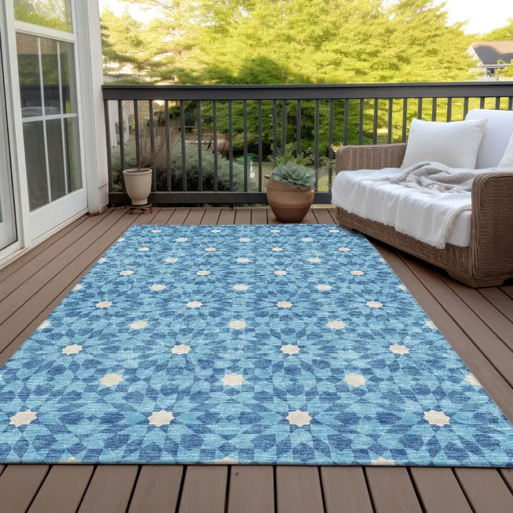 8' X 10' Denim Blue And Ivory Floral Medallion Washable Indoor Outdoor Area Rug