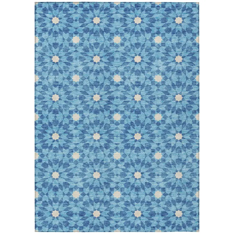 8' X 10' Denim Blue And Ivory Floral Medallion Washable Indoor Outdoor Area Rug