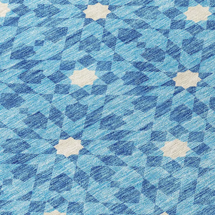8' X 10' Denim Blue And Ivory Floral Medallion Washable Indoor Outdoor Area Rug