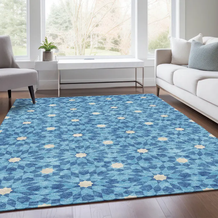 8' X 10' Denim Blue And Ivory Floral Medallion Washable Indoor Outdoor Area Rug