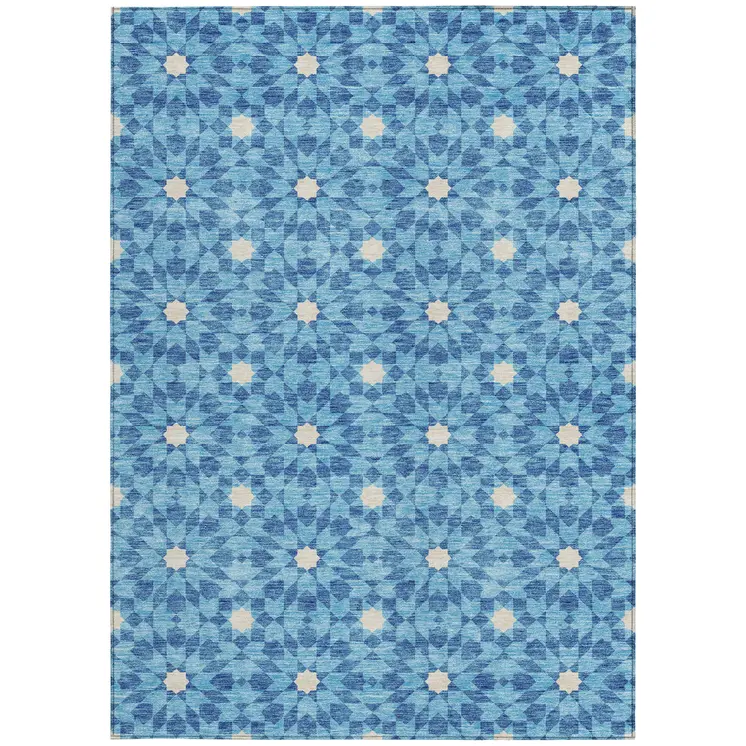 9' X 12' Denim Blue And Ivory Floral Medallion Washable Indoor Outdoor Area Rug
