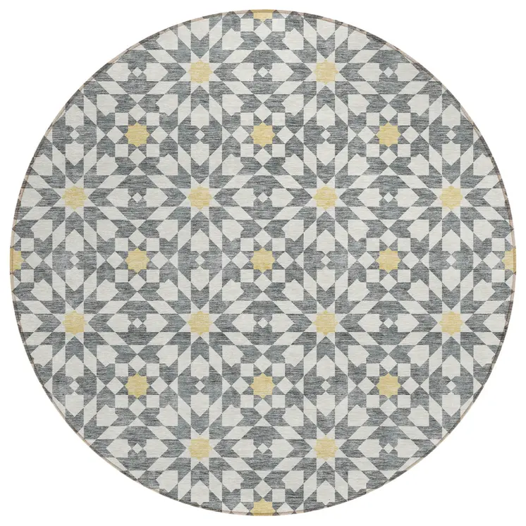 8' Gray Ivory And Gold Round Floral Medallion Washable Indoor Outdoor Area Rug
