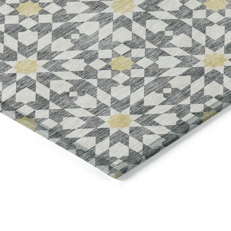 8' Gray Ivory And Gold Round Floral Medallion Washable Indoor Outdoor Area Rug