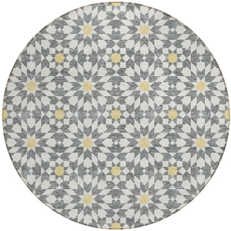 8' Gray Ivory And Gold Round Floral Medallion Washable Indoor Outdoor Area Rug
