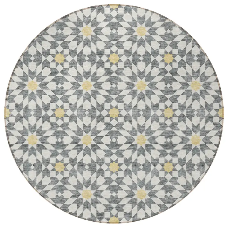 8' Gray Ivory And Gold Round Floral Medallion Washable Indoor Outdoor Area Rug