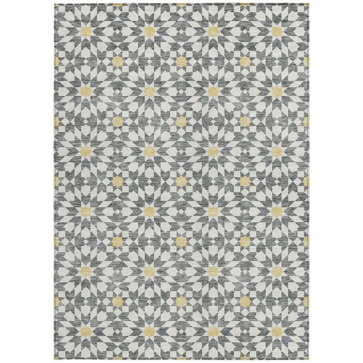 8' X 10' Gray Ivory And Gold Floral Medallion Washable Indoor Outdoor Area Rug