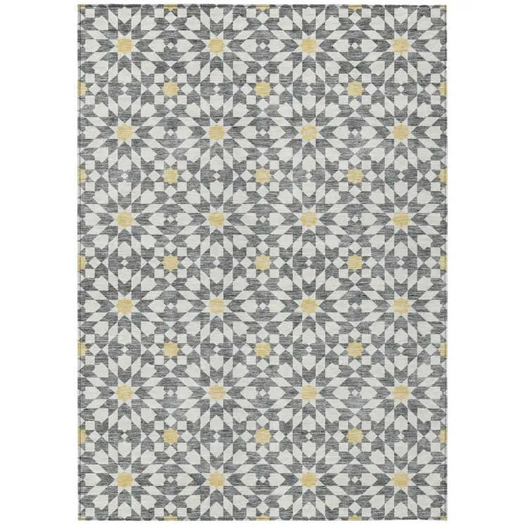 10' X 14' Gray Ivory And Gold Floral Medallion Washable Indoor Outdoor Area Rug