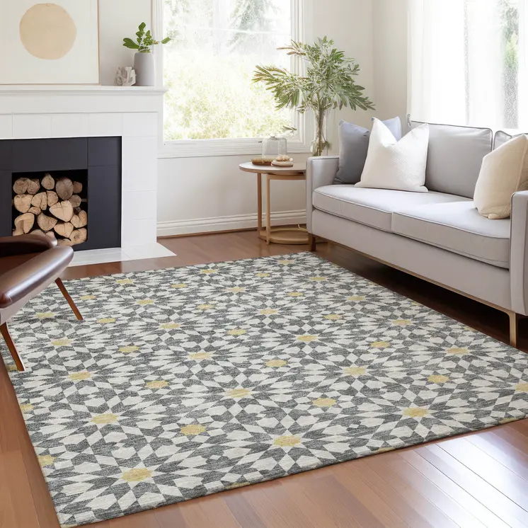 10' X 14' Gray Ivory And Gold Floral Medallion Washable Indoor Outdoor Area Rug