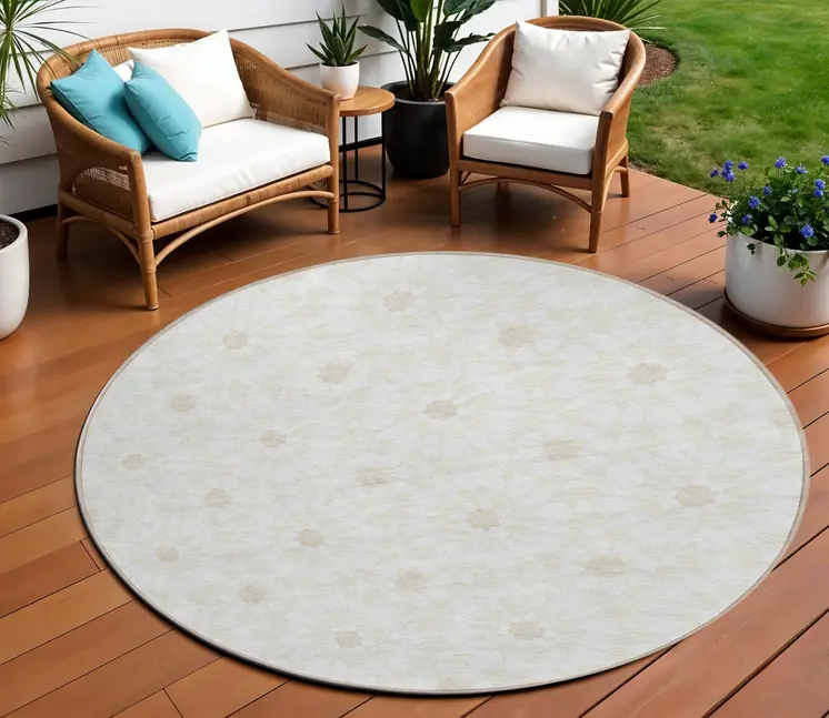 8' Ivory Beige And Taupe Round Floral Medallion Washable Indoor Outdoor Area Rug