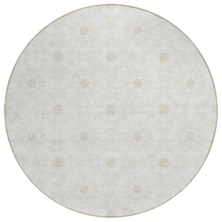 8' Ivory Beige And Taupe Round Floral Medallion Washable Indoor Outdoor Area Rug