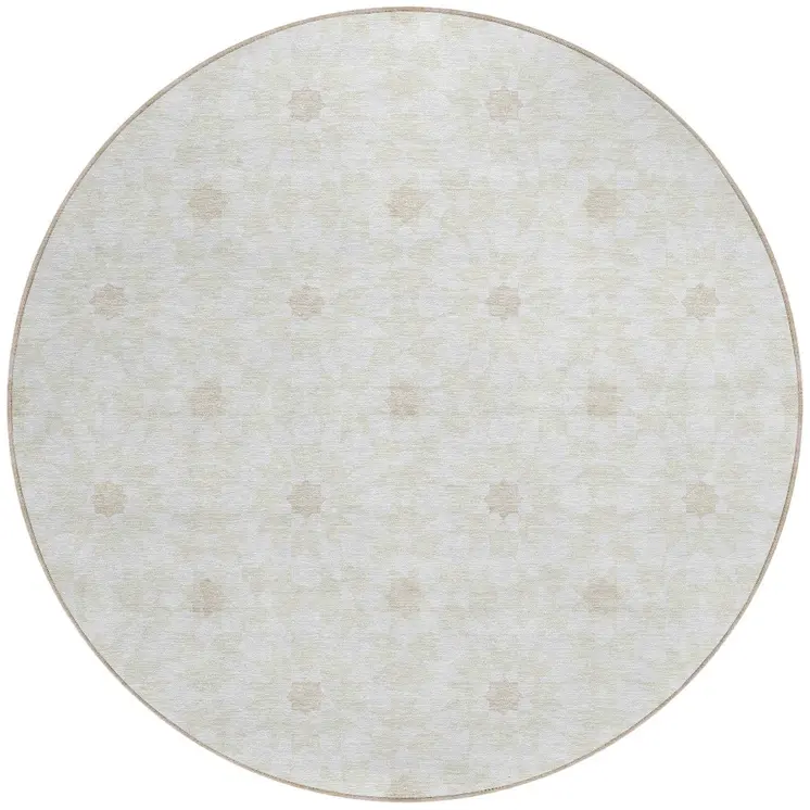 8' Ivory Beige And Taupe Round Floral Medallion Washable Indoor Outdoor Area Rug