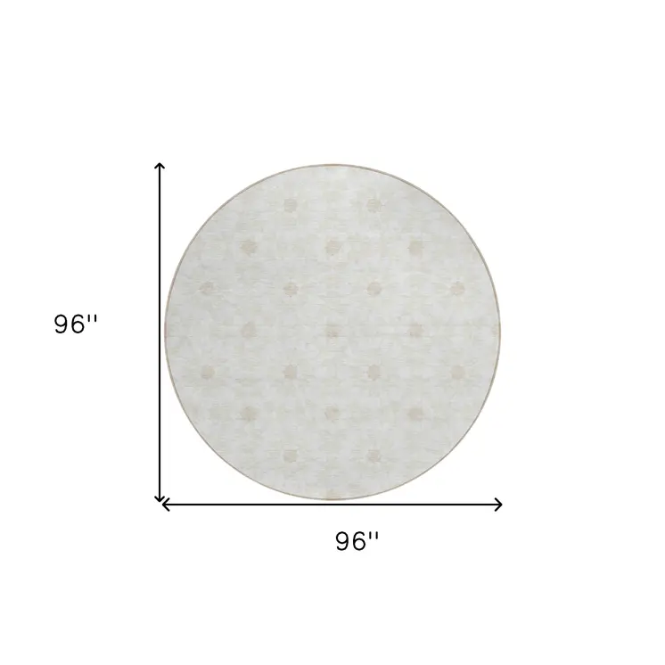 8' Ivory Beige And Taupe Round Floral Medallion Washable Indoor Outdoor Area Rug