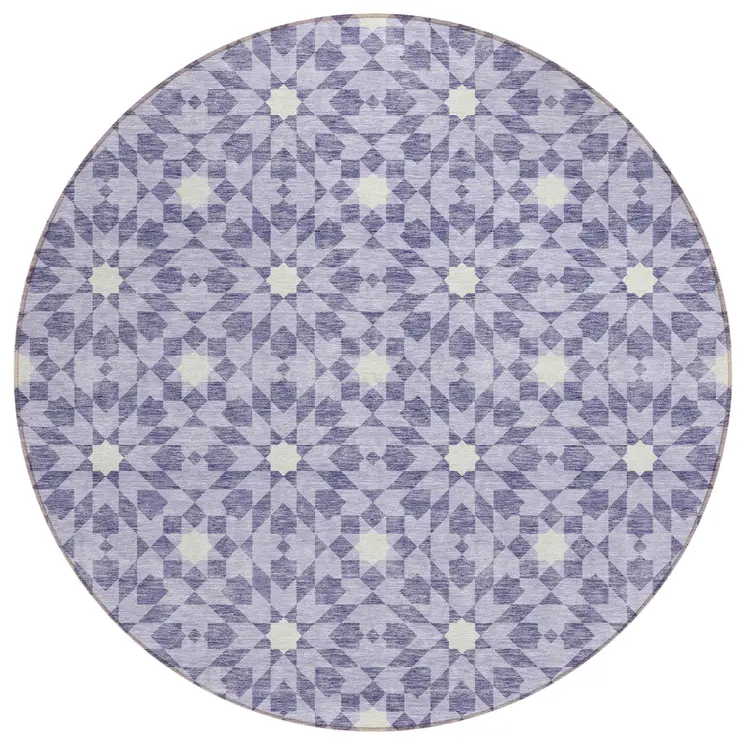 8' Lilac Purple And Ivory Round Floral Medallion Washable Indoor Outdoor Area Rug
