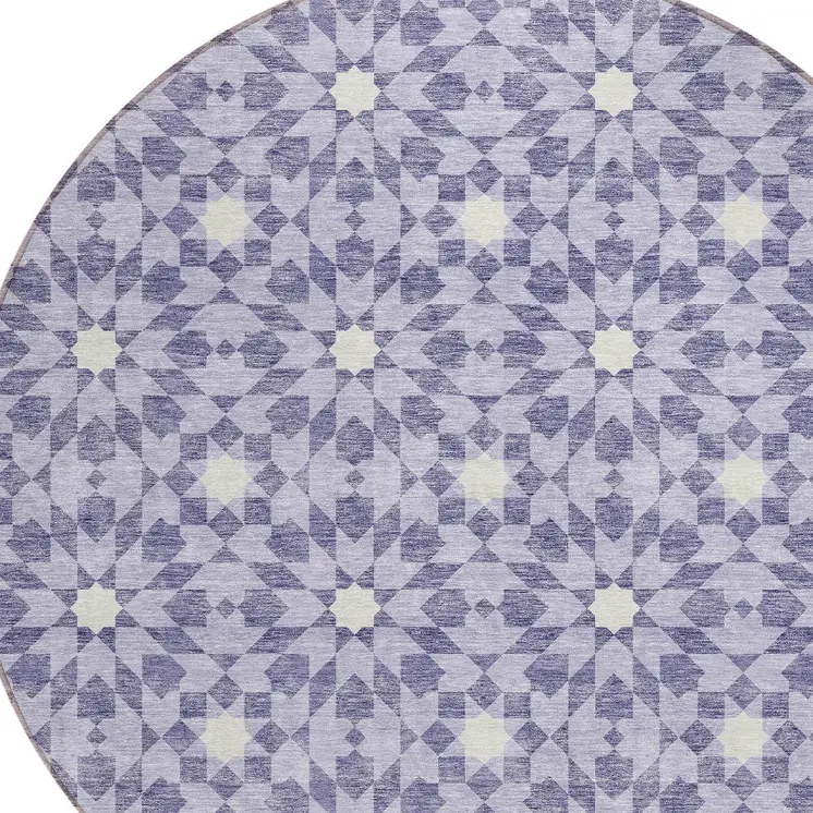 8' Lilac Purple And Ivory Round Floral Medallion Washable Indoor Outdoor Area Rug