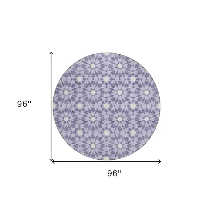 8' Lilac Purple And Ivory Round Floral Medallion Washable Indoor Outdoor Area Rug