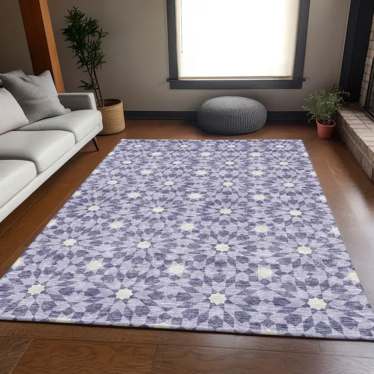 10' X 14' Lilac Purple And Ivory Floral Medallion Washable Indoor Outdoor Area Rug