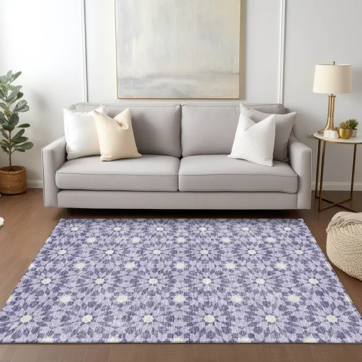 10' X 14' Lilac Purple And Ivory Floral Medallion Washable Indoor Outdoor Area Rug