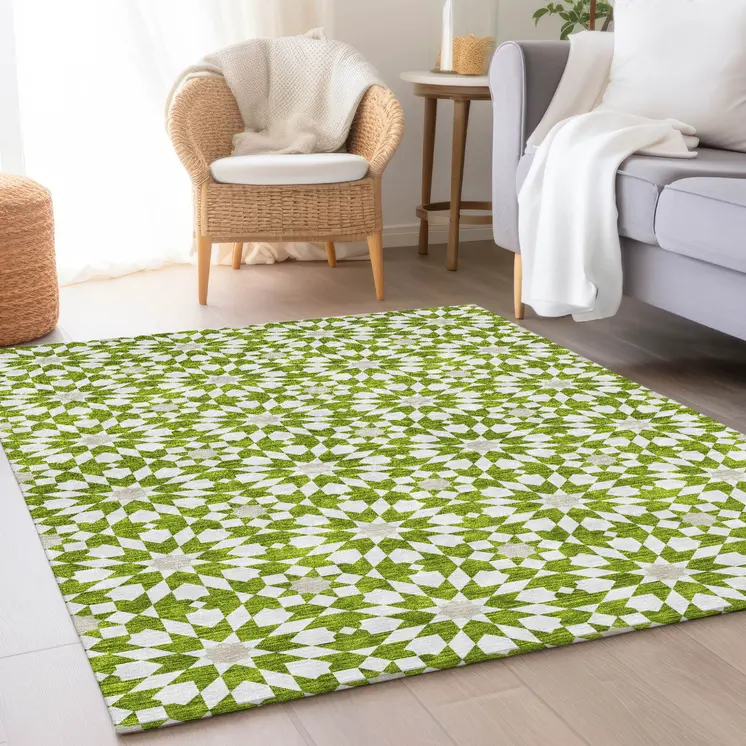 5' X 8' Lime Green Ivory And Beige Floral Medallion Washable Indoor Outdoor Area Rug