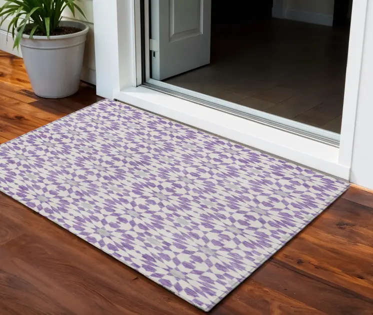 3' X 5' Lavender Purple And Ivory Floral Medallion Washable Indoor Outdoor Area Rug