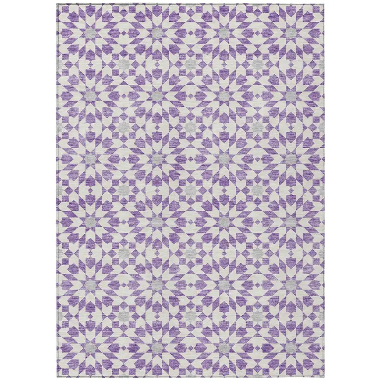 3' X 5' Lavender Purple And Ivory Floral Medallion Washable Indoor Outdoor Area Rug
