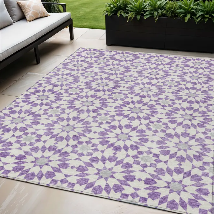 5' X 8' Lavender Purple And Ivory Floral Medallion Washable Indoor Outdoor Area Rug