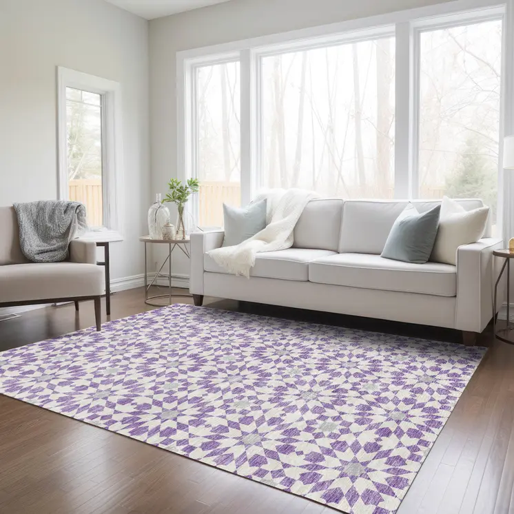 5' X 8' Lavender Purple And Ivory Floral Medallion Washable Indoor Outdoor Area Rug