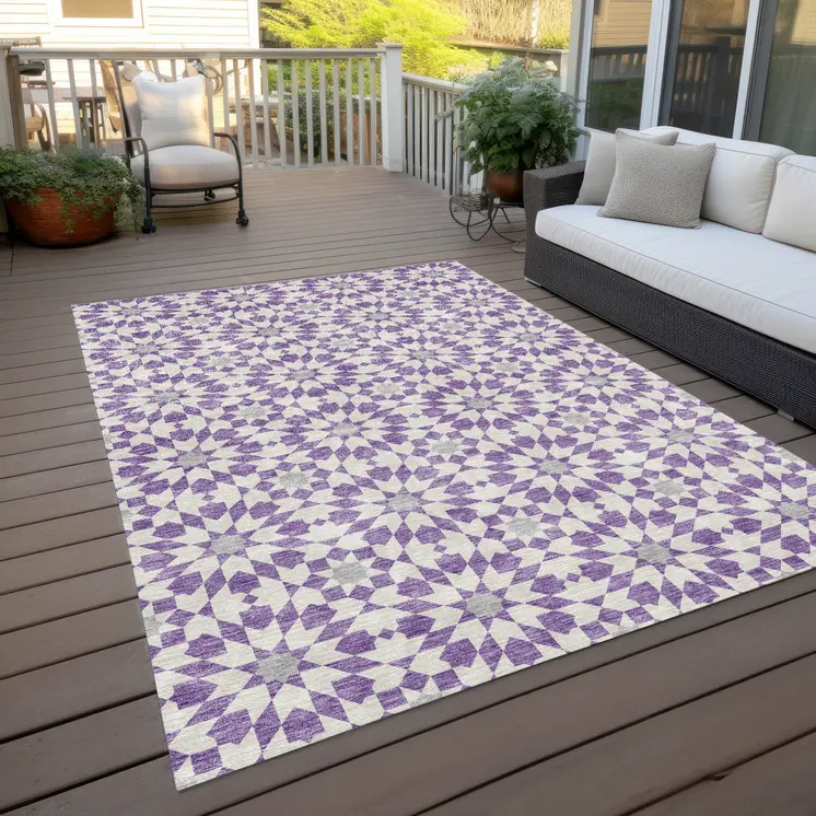 5' X 8' Lavender Purple And Ivory Floral Medallion Washable Indoor Outdoor Area Rug