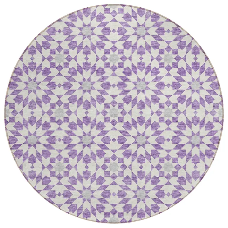 8' Lavender Purple And Ivory Round Floral Medallion Washable Indoor Outdoor Area Rug