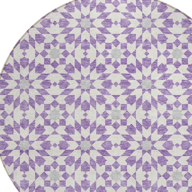 8' Lavender Purple And Ivory Round Floral Medallion Washable Indoor Outdoor Area Rug