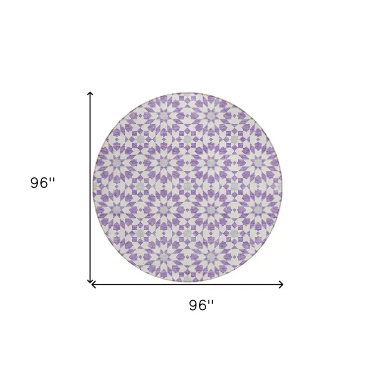 8' Lavender Purple And Ivory Round Floral Medallion Washable Indoor Outdoor Area Rug