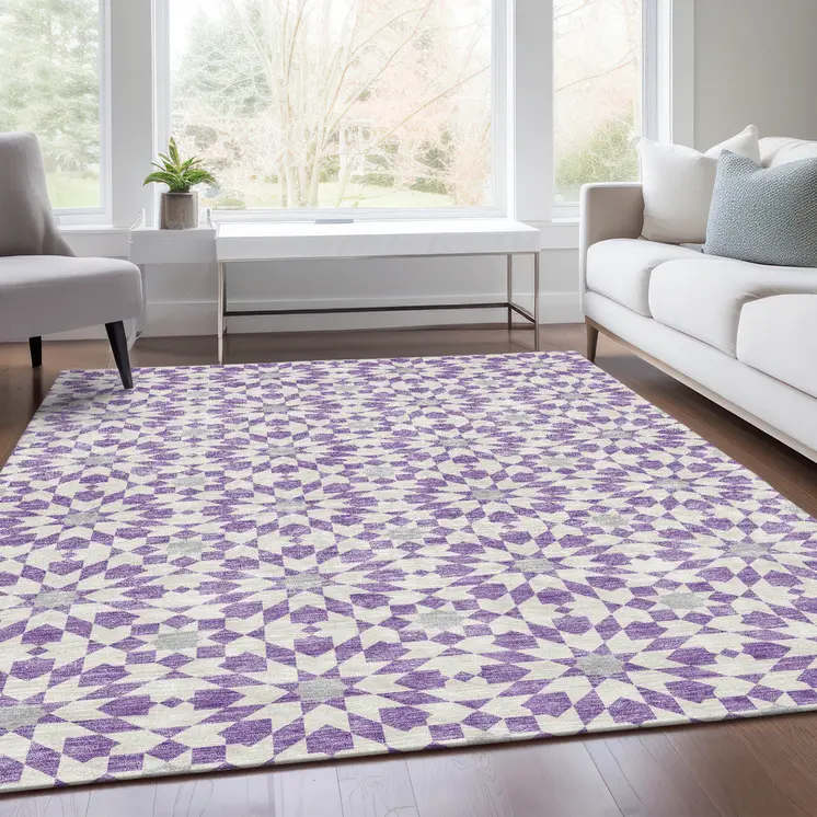 10' X 14' Lavender Purple And Ivory Floral Medallion Washable Indoor Outdoor Area Rug