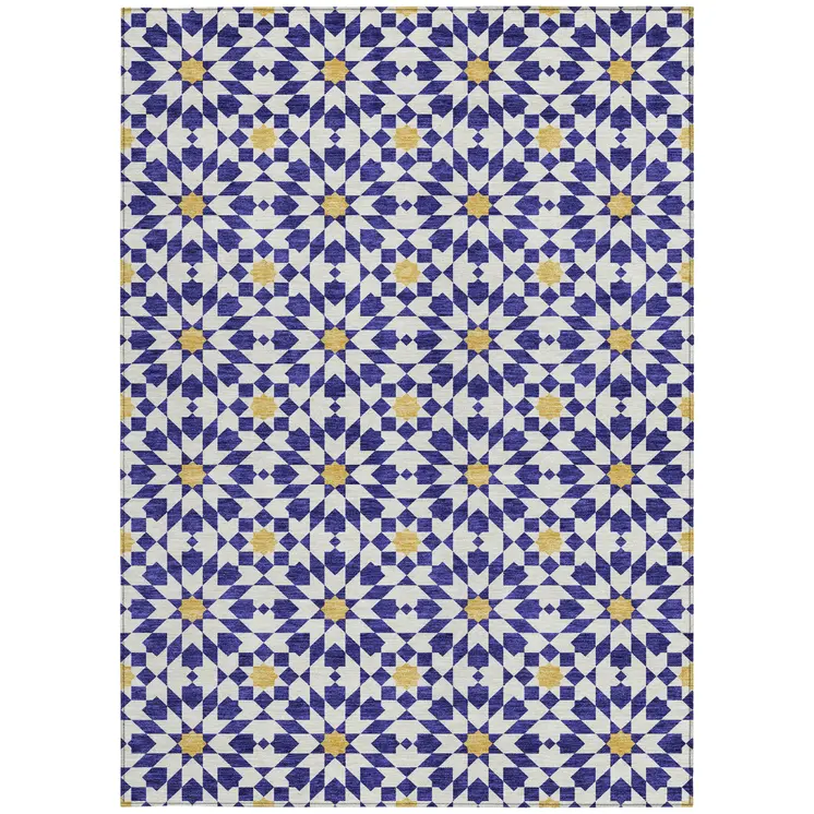 5' X 8' Navy Blue And Ivory Floral Medallion Washable Indoor Outdoor Area Rug